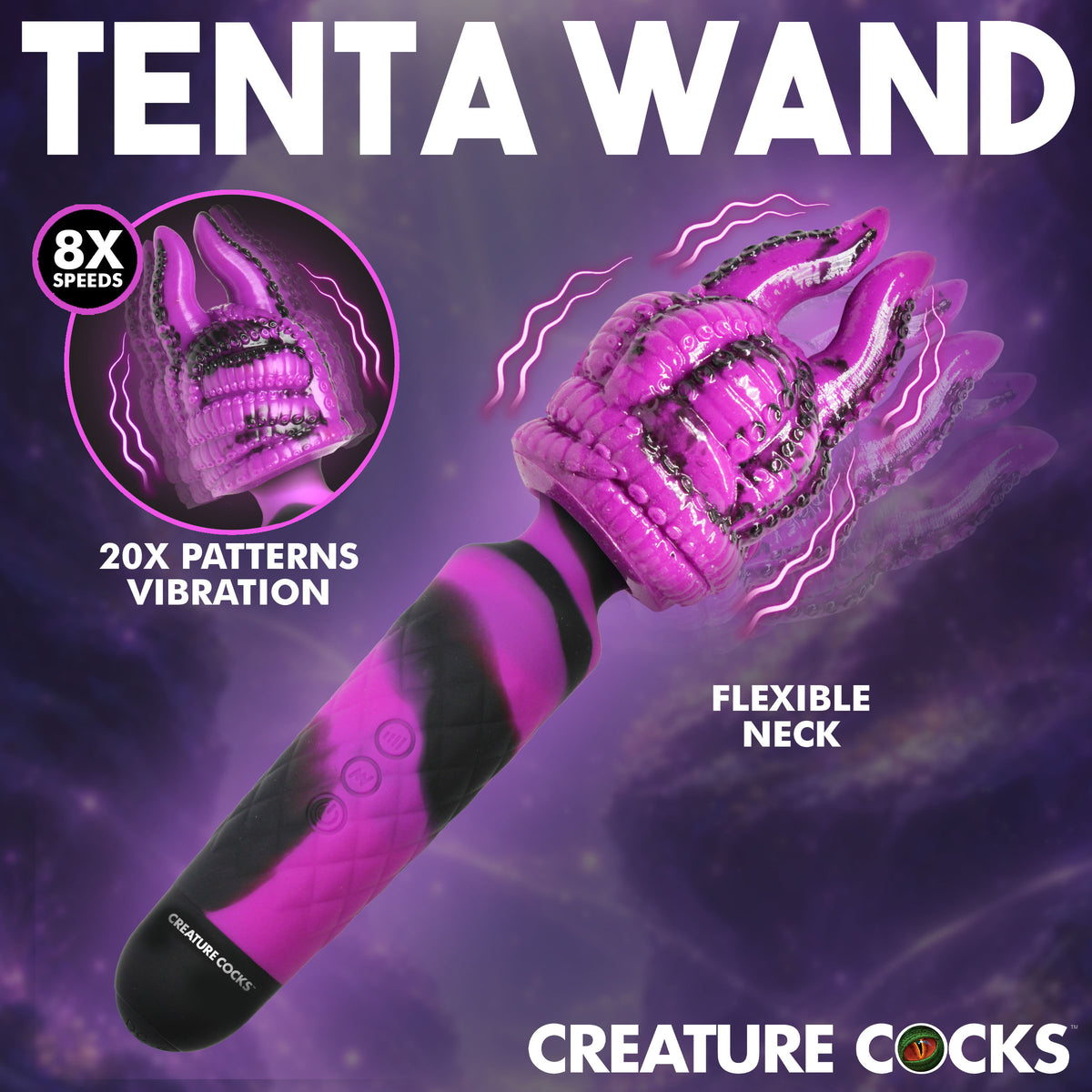 Creature Cocks Tenta Wand Silicone Vibrating Wand Purple with tentacle design and flexible neck, featuring 8 speeds.