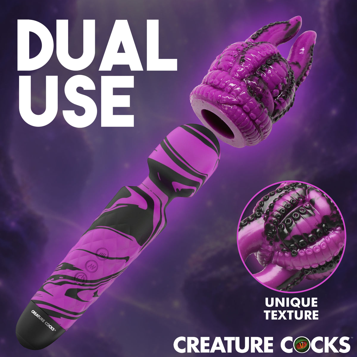 Creature Cocks Tenta Wand Silicone Vibrating Wand Purple with unique tentacle texture and dual use feature.