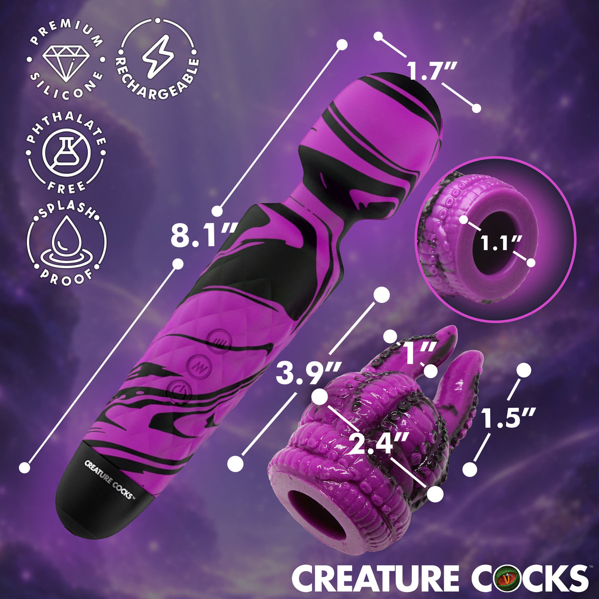 Creature Cocks Tenta Wand Silicone Vibrating Wand Purple with removable tentacle attachment for enhanced pleasure.