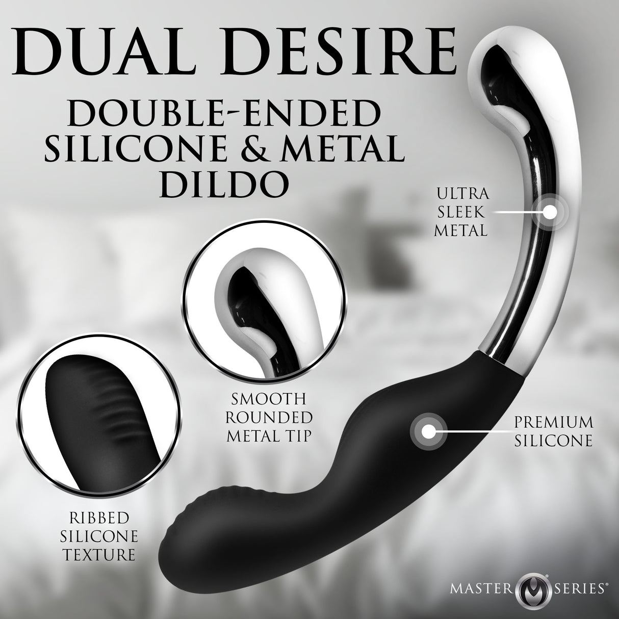 Master Series Dual Desire Dual-Ended Silicone & Metal Dildo features ultra sleek metal and ribbed silicone design.