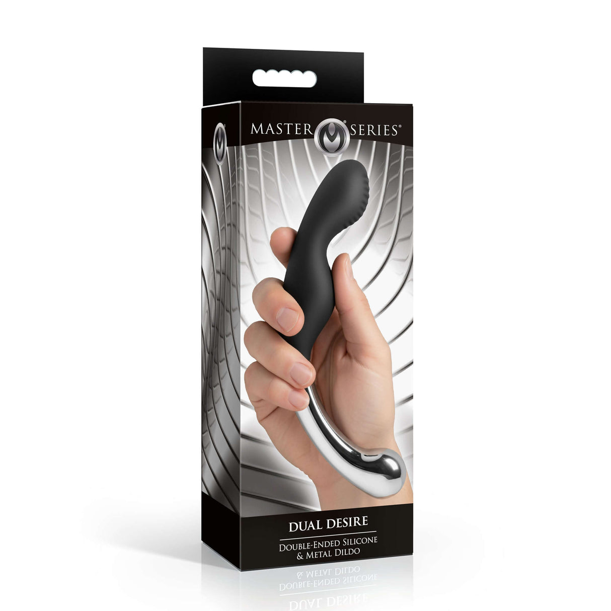 Packaging of Master Series Dual Desire Dual-Ended Silicone & Metal Dildo with sleek design and user-friendly features.