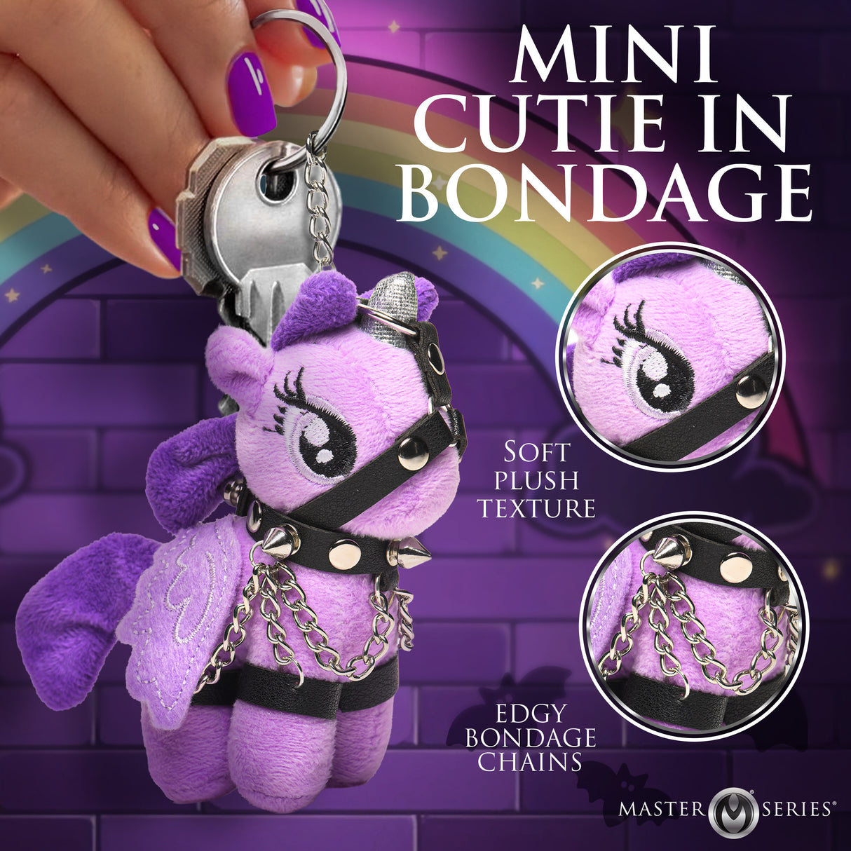 Raven Plum Bondage Pony Keychain Purple featuring soft plush texture and edgy bondage chains, ideal for keychain lovers.