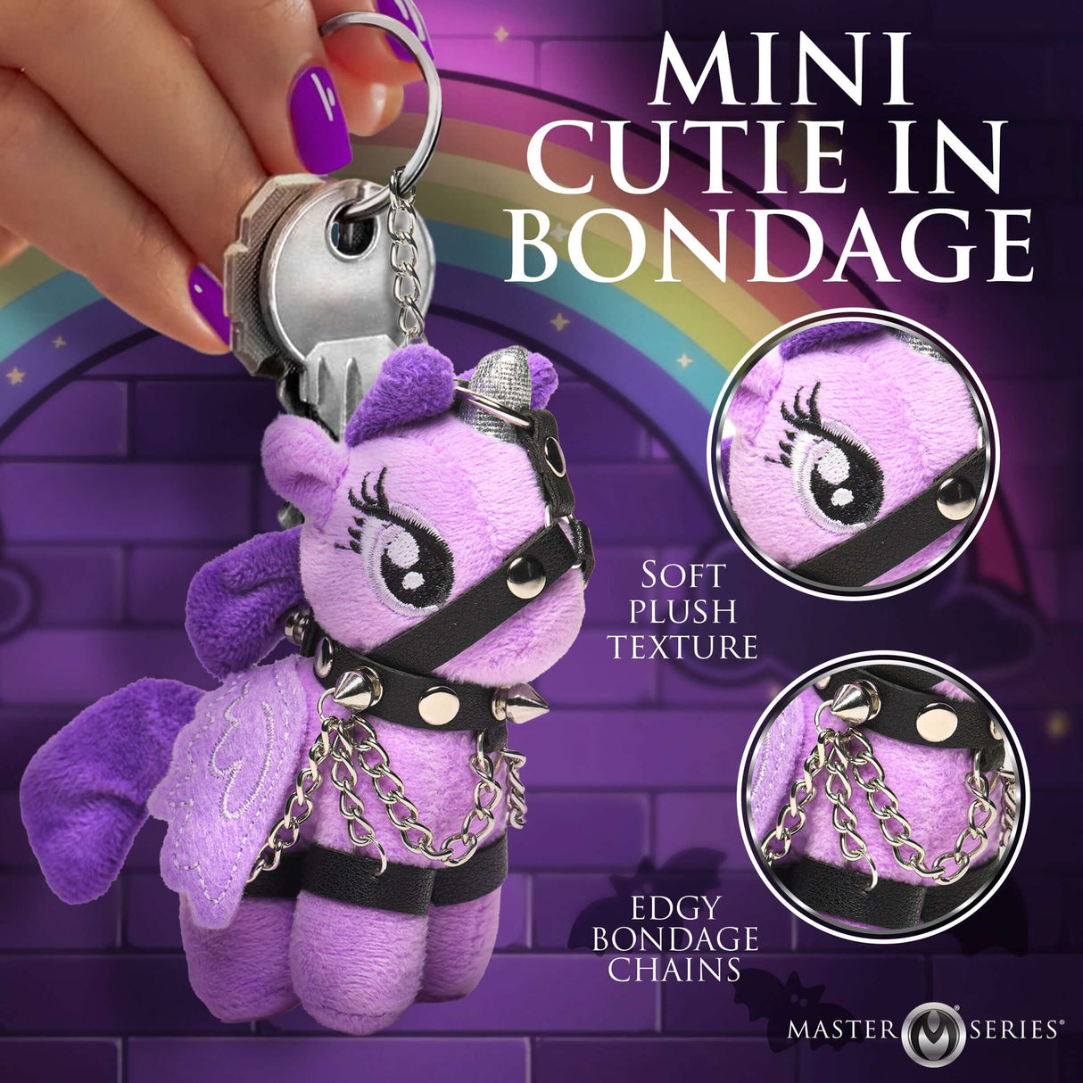 Raven Plum Bondage Pony Keychain Purple featuring soft plush texture and edgy bondage chains, ideal for keychain lovers.