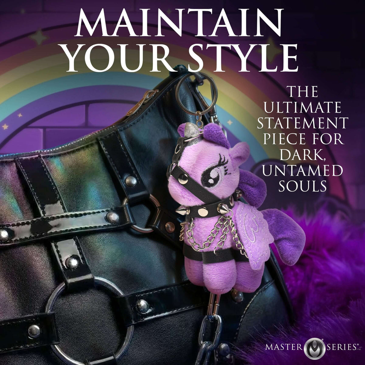Raven Plum Bondage Pony Keychain Purple hanging on a stylish black bag, featuring a shimmering silver horn and harness.