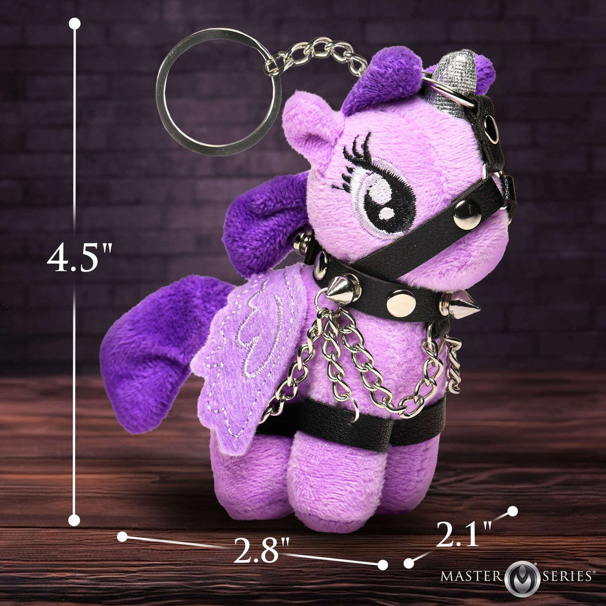 Raven Plum Bondage Pony Keychain Purple featuring plush design, holographic wings, and faux leather harness.
