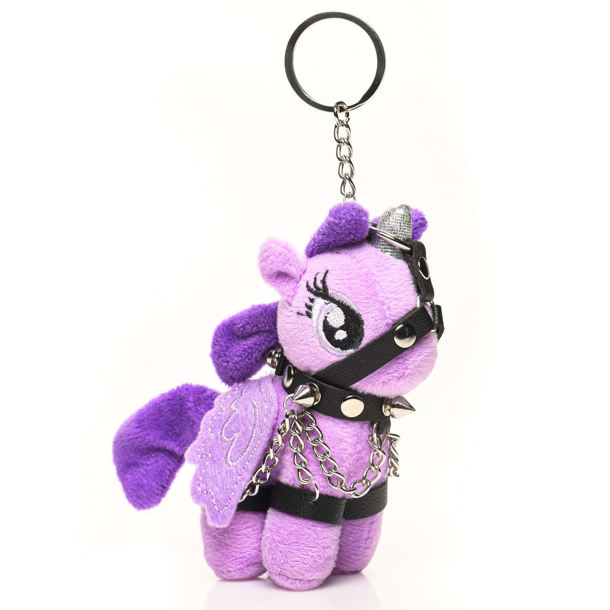 Raven Plum Bondage Pony Keychain Purple with shiny silver horn and faux leather harness, featuring fluttery wings.