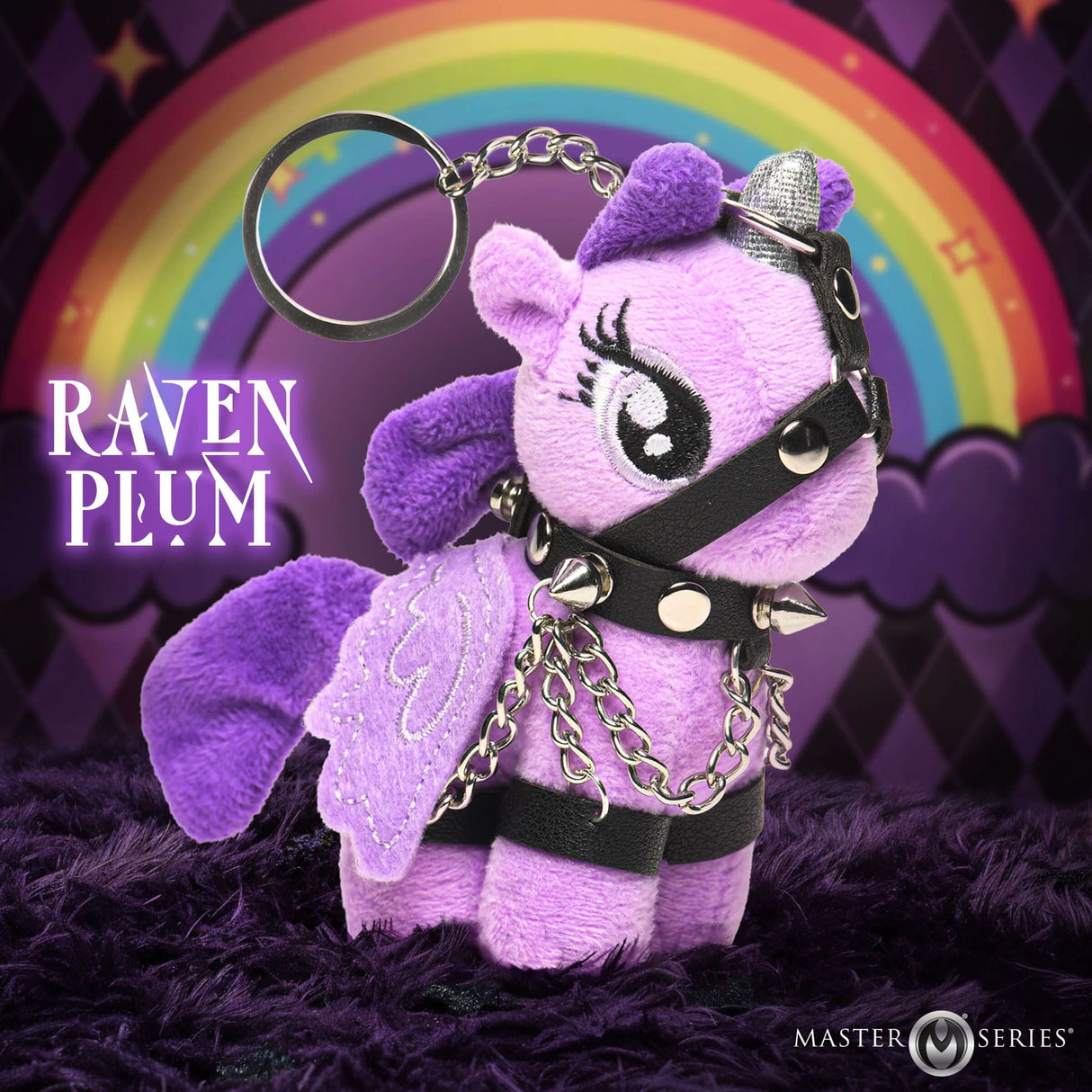 Raven Plum Bondage Pony Keychain Purple featuring plush body, silver horn, wings, and bondage harness.