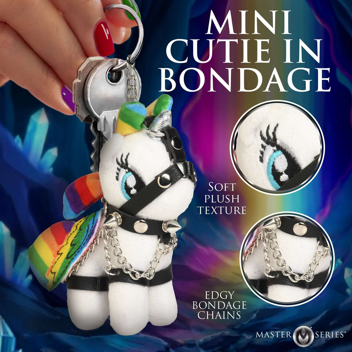 Master Series Prism Pearl Bondage Pony Keychain Rainbow featuring soft plush texture and edgy bondage chains.