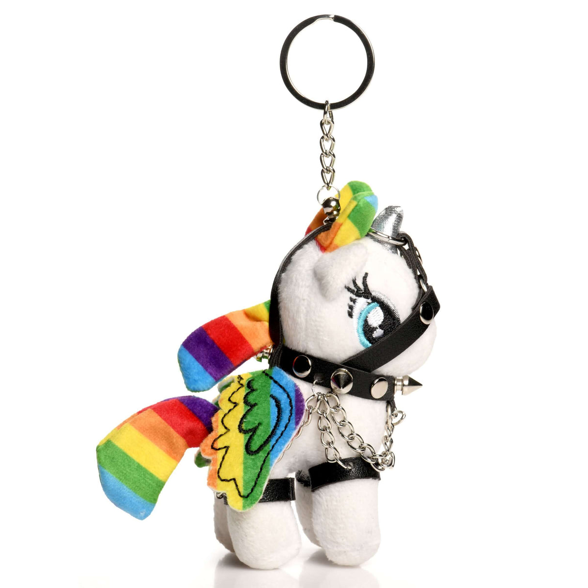 Master Series Prism Pearl Bondage Pony Keychain Rainbow featuring colorful wings, bondage rig, and a pearl-white horn.