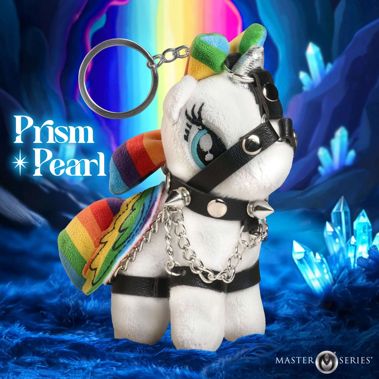 Master Series Prism Pearl Bondage Pony Keychain Rainbow featuring rainbow plush, pearl-white horn, and bondage rig.