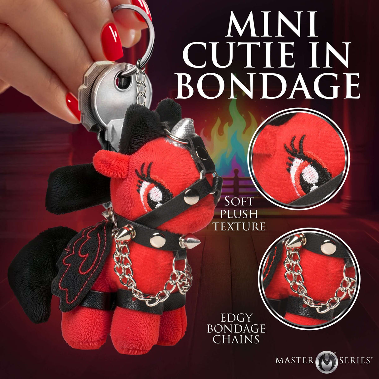 Scarlett Chainheart Bondage Pony Keychain Red with plush texture and edgy bondage chains.