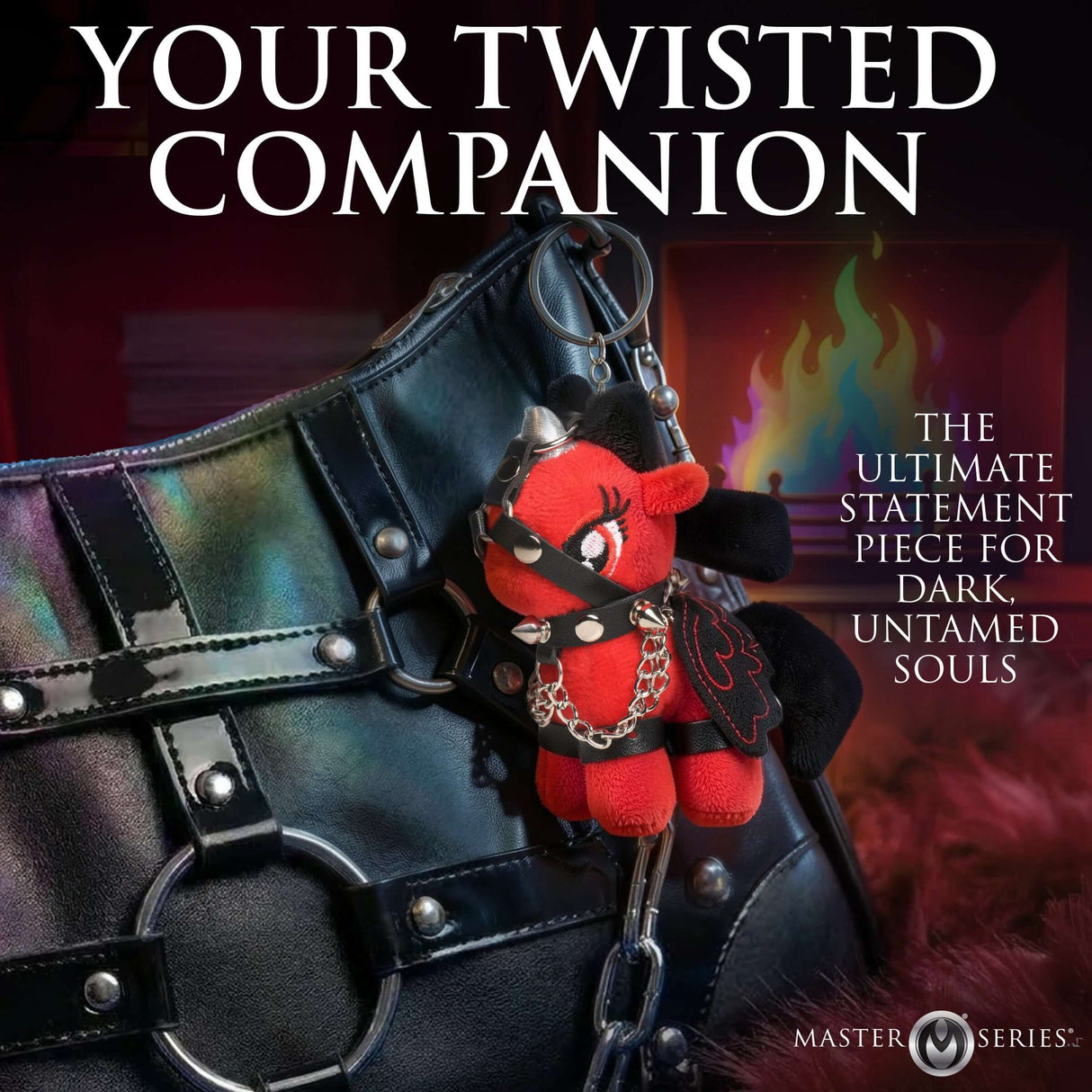 Scarlett Chainheart Bondage Pony Keychain Red attached to a stylish bondage-themed handbag, showcasing its unique design.