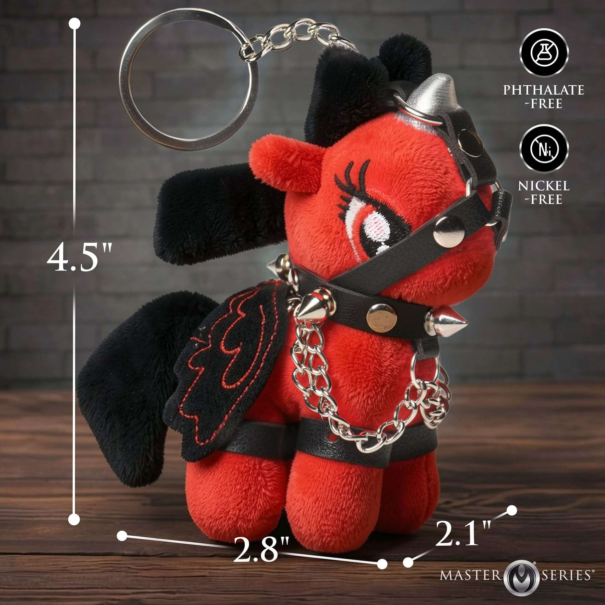 Scarlett Chainheart Bondage Pony Keychain Red plush pony with bondage harness, dimensions 4.5" height, 2.8" width, 2.1" depth.