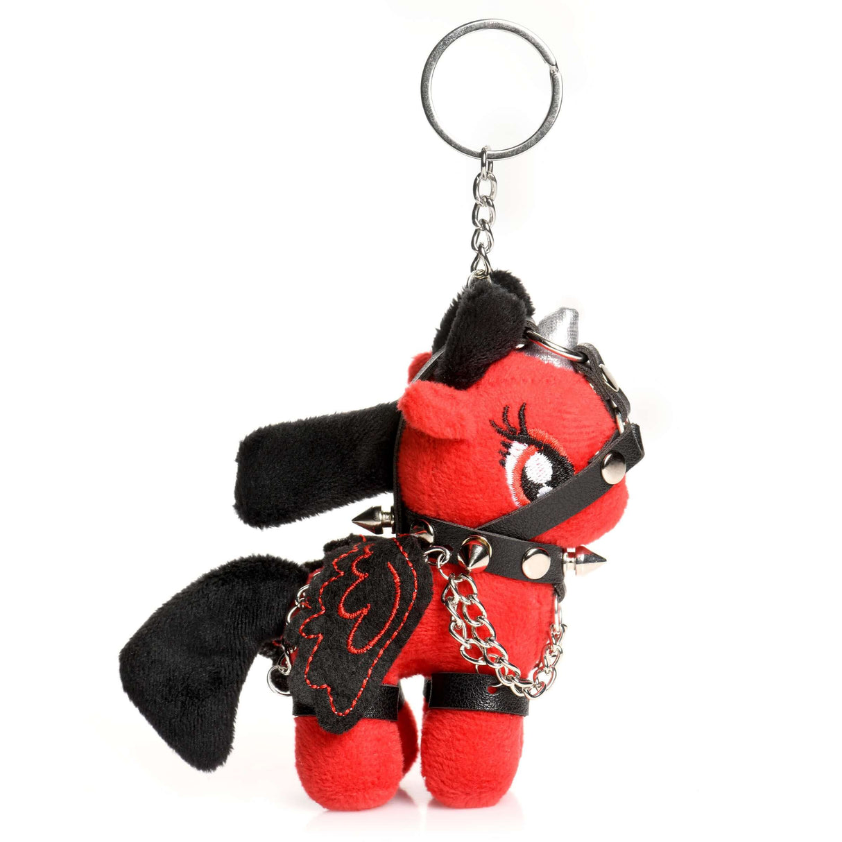 Scarlett Chainheart Bondage Pony Keychain Red featuring a plush pony in bondage attire with chains and wings.