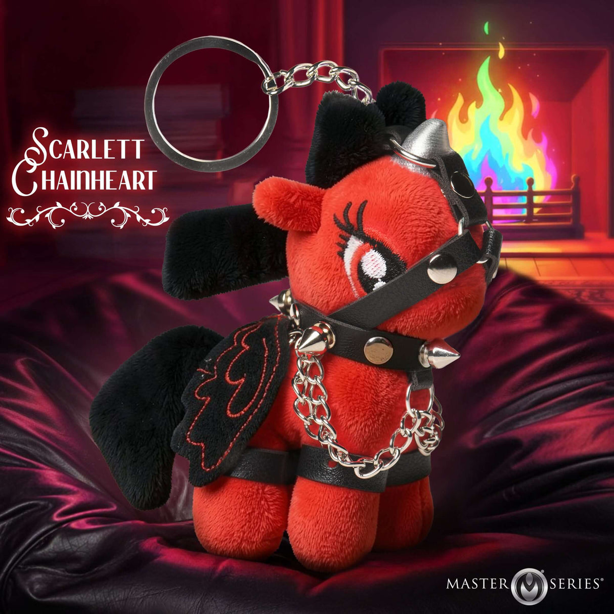 Scarlett Chainheart Bondage Pony Keychain Red featuring a plush pony with a bondage harness and keychain.