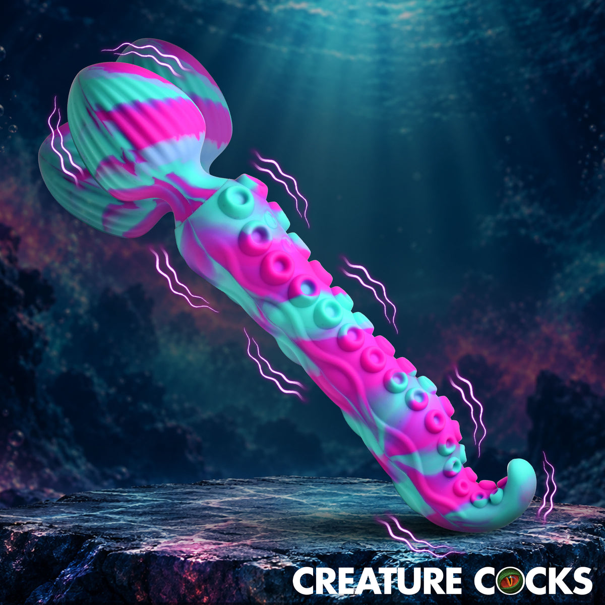 Creature Cocks Kraken Dual-Ended Silicone Wand Massager with vibrant colors and textured design.