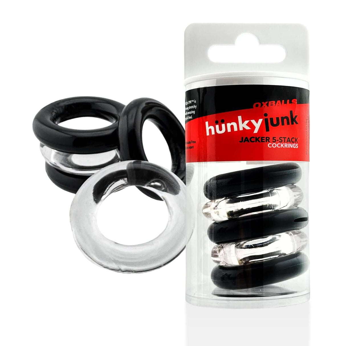 Oxballs Jacker 5-Stack Five-Pack Tube Super-Strong Cockrings in storage tube with silicone cockrings.