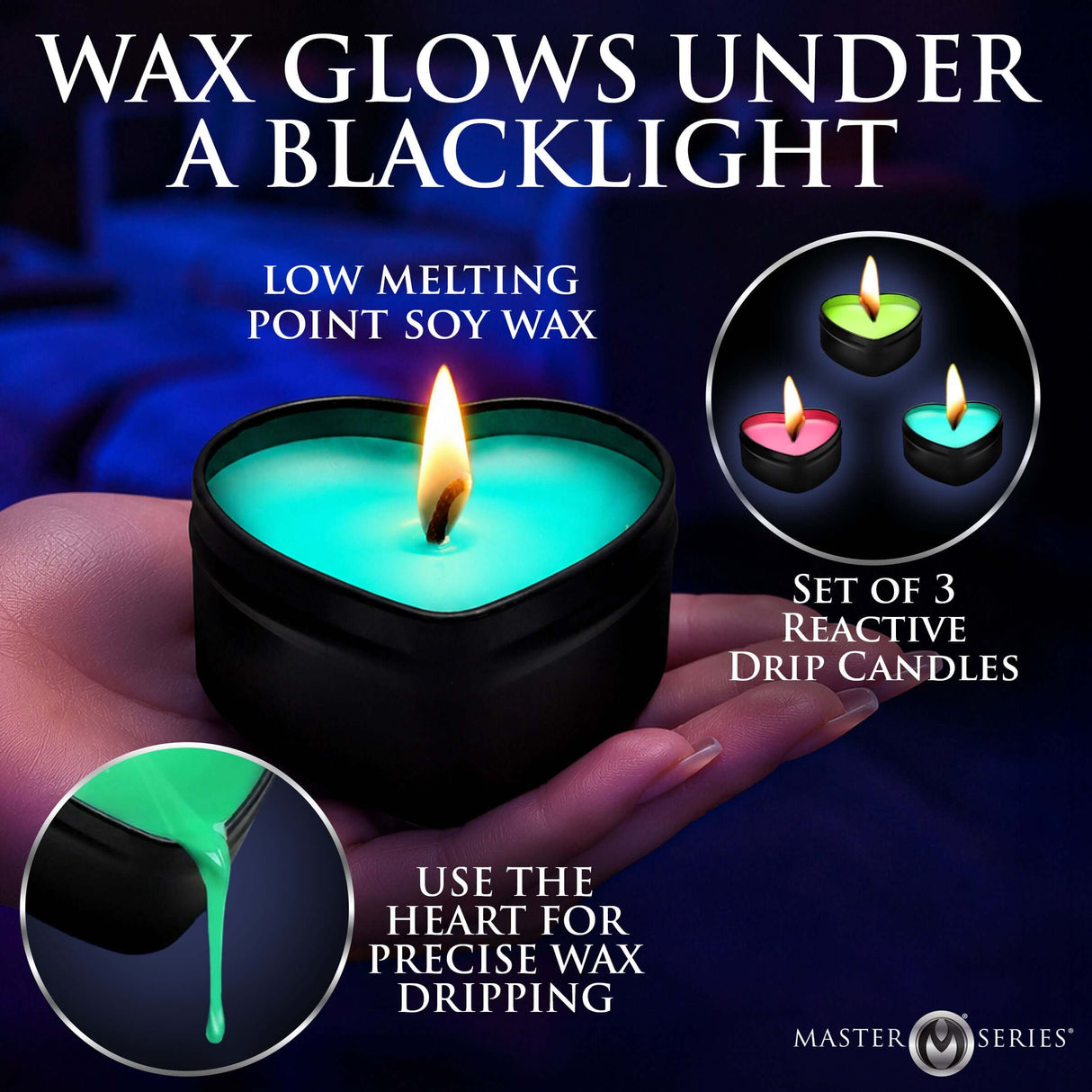 Burning Heart Blacklight Reactive Heart Drip Candle Set of 3 glowing candles with low melting point soy wax, perfect for wax play.