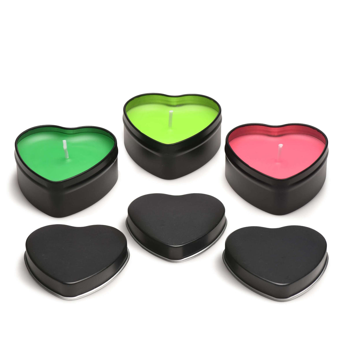 Burning Heart Blacklight Reactive Heart Drip Candle Set of 3 with pink and green heart-shaped containers.