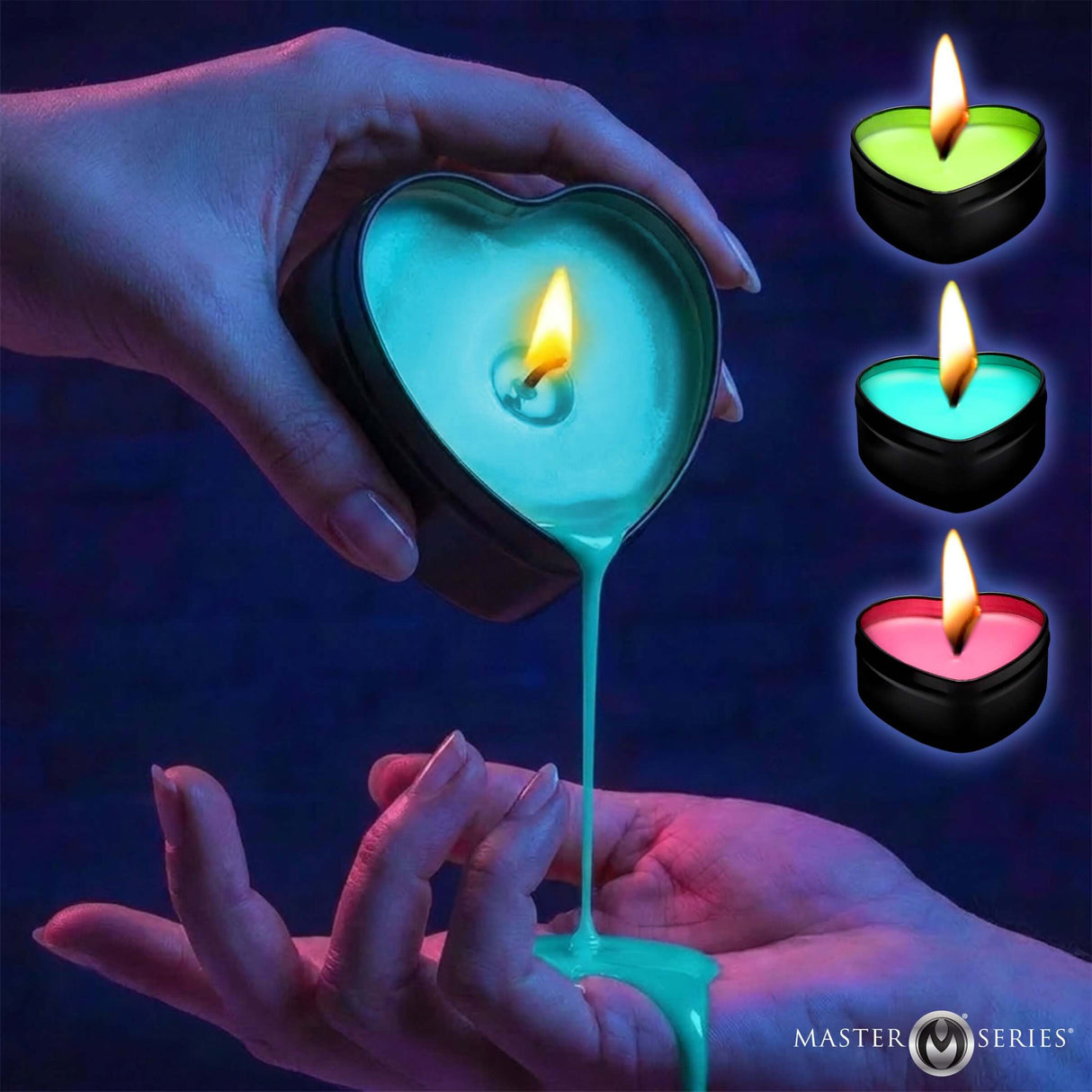 Burning Heart Blacklight Reactive Heart Drip Candle Set of 3 glowing heart candles dripped onto hand, colorfully lit under blacklight.