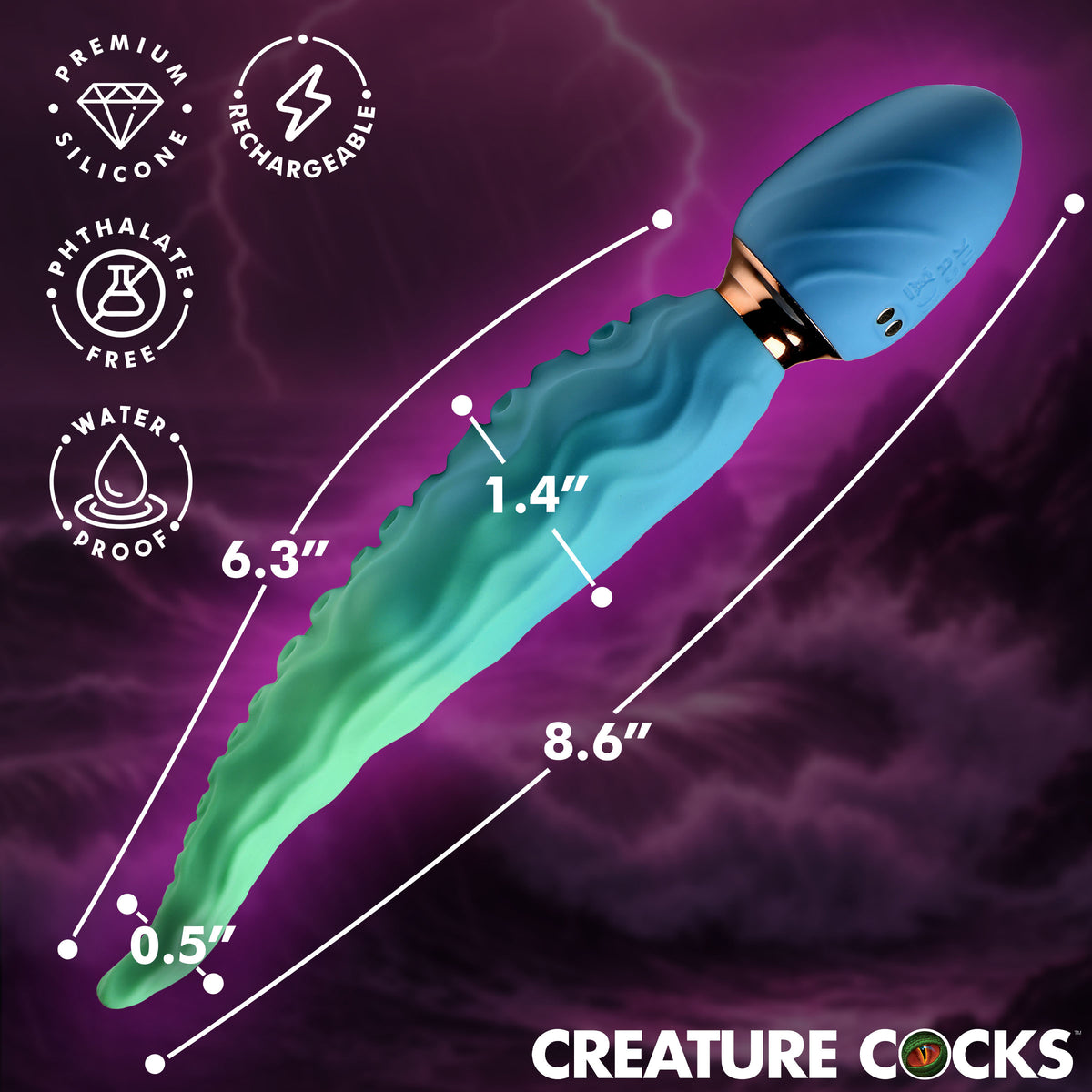 Creature Cocks Deep Squirmer Squirming Silicone Vibrator with tentacle design and dimensions in a dynamic background.