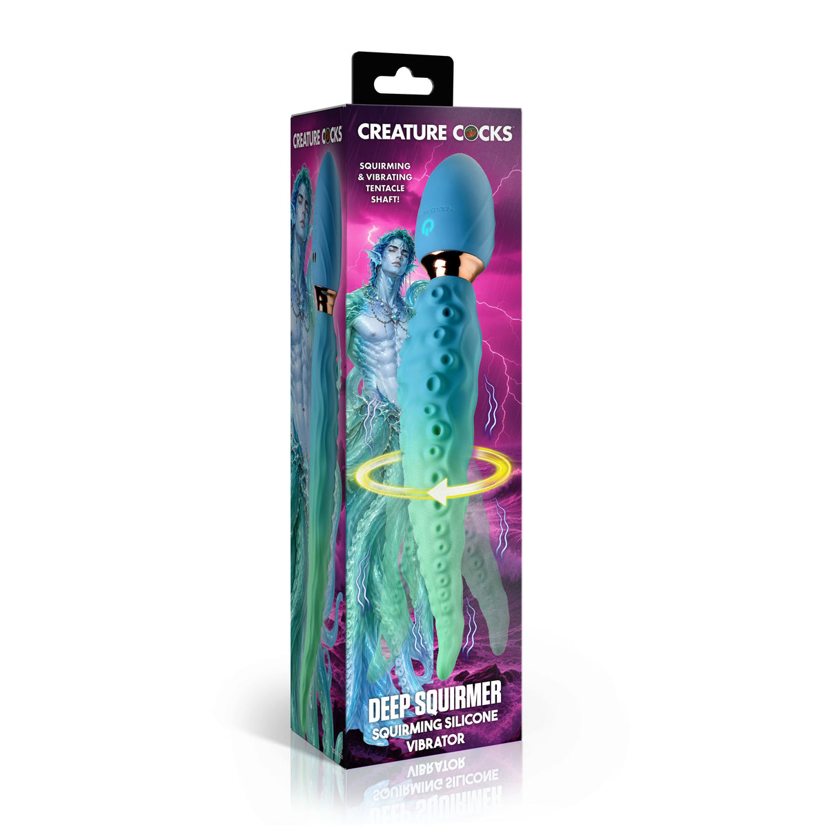 Creature Cocks Deep Squirmer Squirming Silicone Vibrator in packaging with tentacle design and vibrant colors.