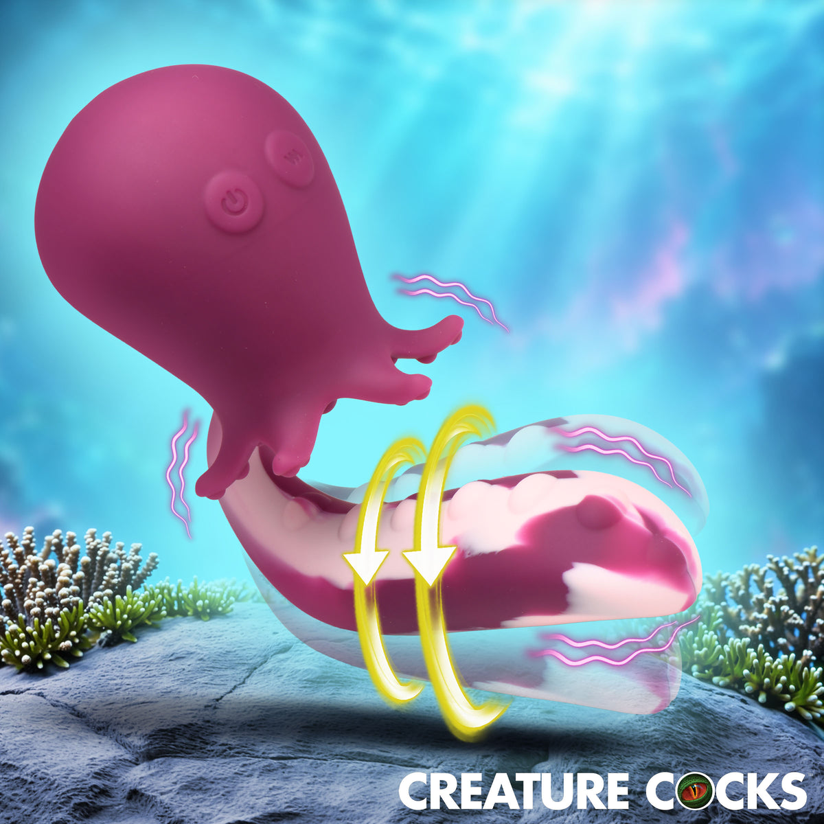 Creature Cocks Deep Seeker Gyrating Octopus Vibrator Purple on a colorful underwater backdrop.