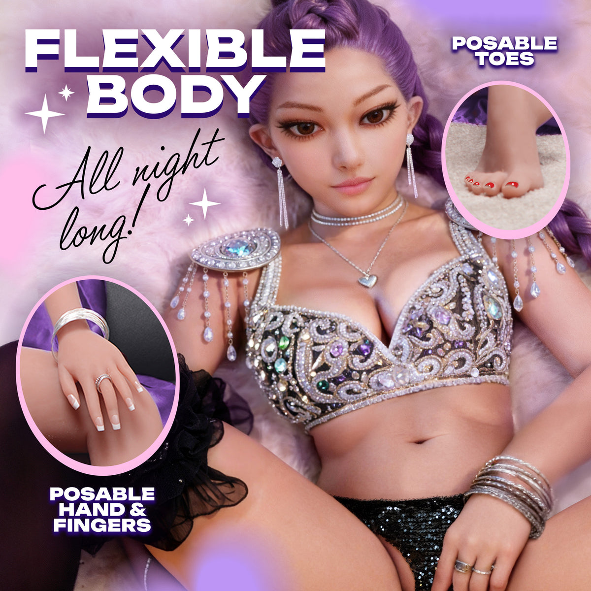 K-Pop Idol 55 Inch TPE Love Doll With 3 Wigs features posable hands, fingers, and toes for flexible body movements.