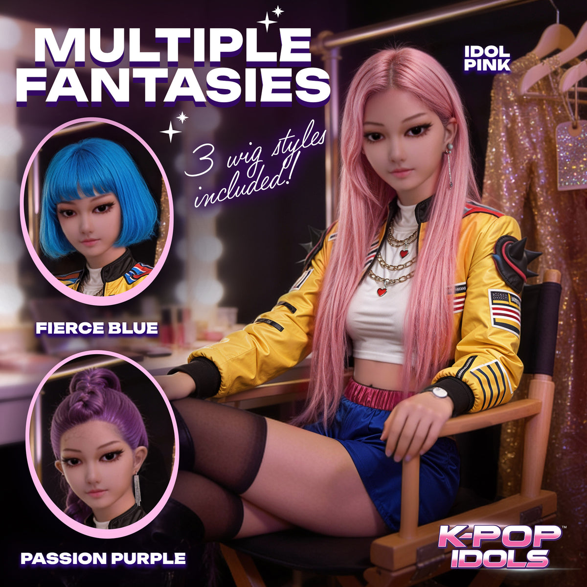 K-Pop Idol 55 Inch TPE Love Doll With 3 Wigs showcasing multiple styles with blue, pink, and purple wigs in a glamorous setting.