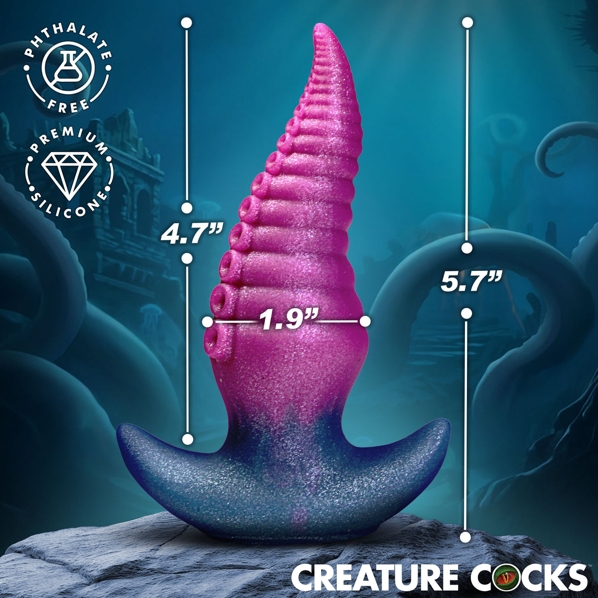 Creature Cocks Plug Topus Silicone Butt Plug with dimensions of 4.7 inches insertable length and 1.9 inches width.