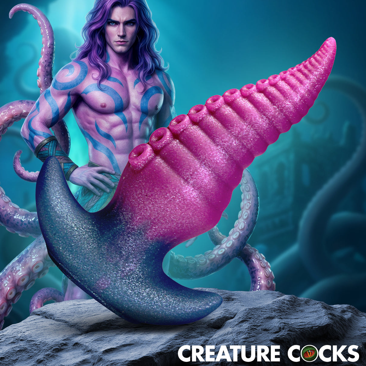 Creature Cocks Plug Topus Silicone Butt Plug art featuring colorful design with ridges and a fantasy background.