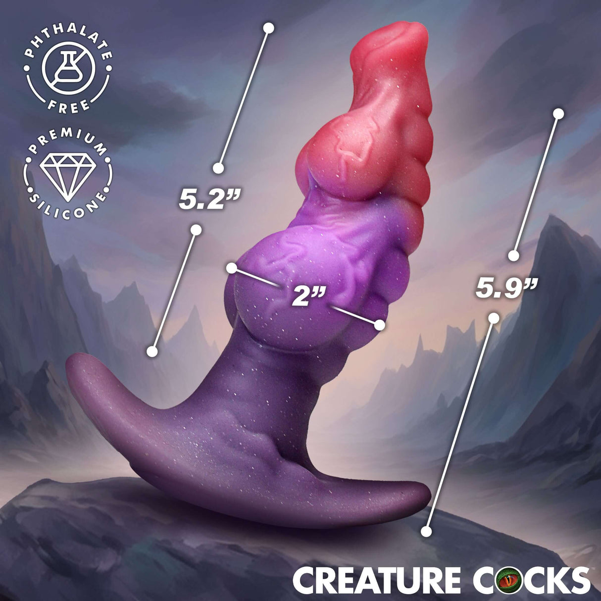 Creature Cocks Dragon Master Fantasy Silicone Butt Plug with measurements, 5.2-inch shaft, 2-inch width, 5.9-inch height.