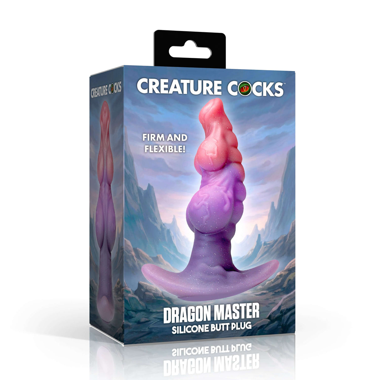 Creature Cocks Dragon Master Fantasy Silicone Butt Plug packaging showcasing its firm and flexible design.