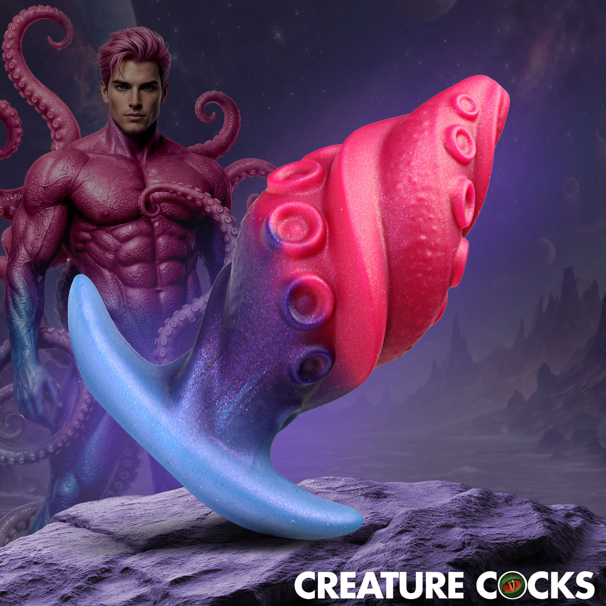 Creature Cocks Tenta Plug Silicone Butt Plug displayed next to an octopus-themed model in a cosmic scene.