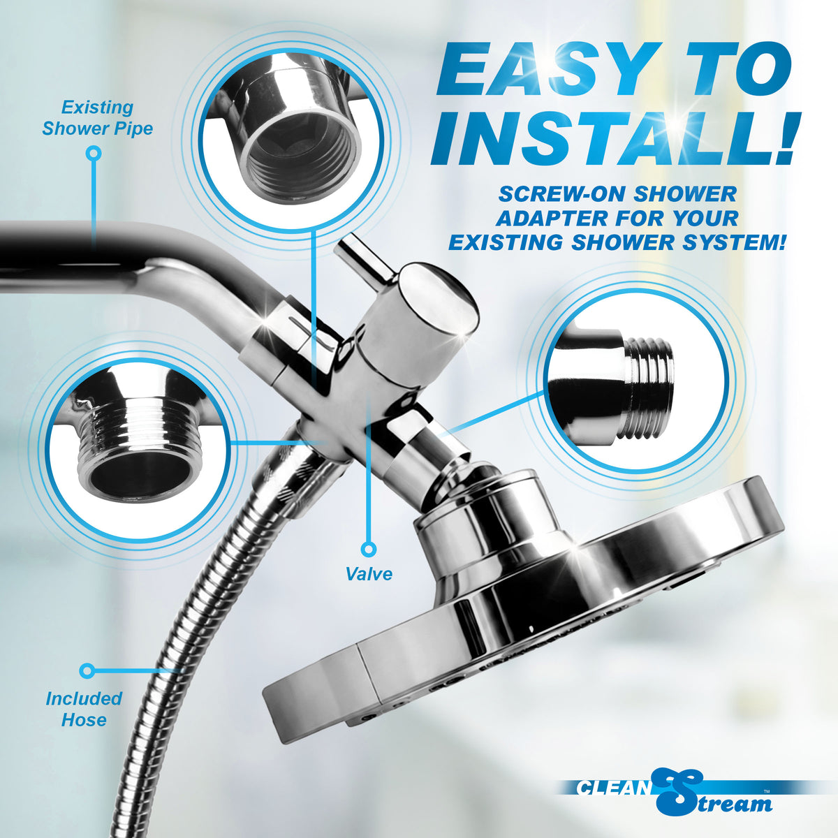 CleanStream Ultimate Shower Enema Set showing easy installation with screw-on shower adapter and included hose.