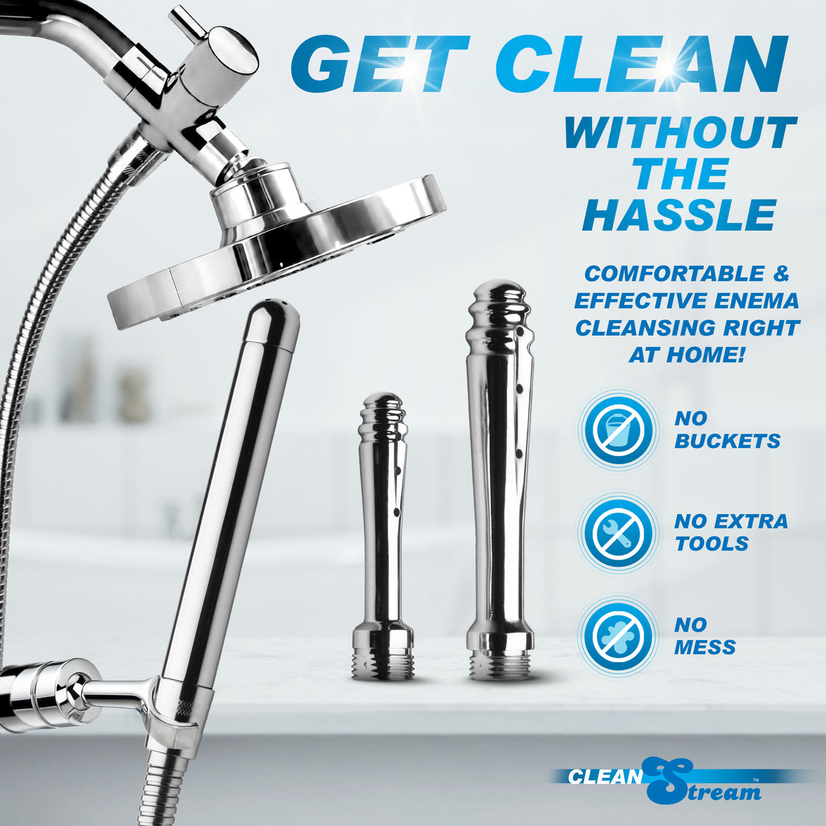 CleanStream Ultimate Shower Enema Set with shower head and graduated nozzles for effective enema cleansing at home.