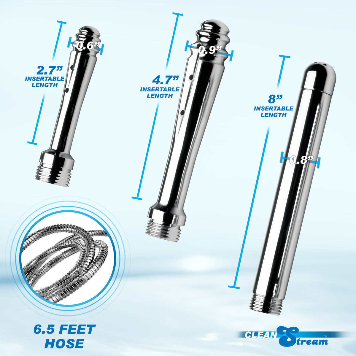 CleanStream Ultimate Shower Enema Set nozzles with various insertable lengths and a 6.5 feet hose for shower use.