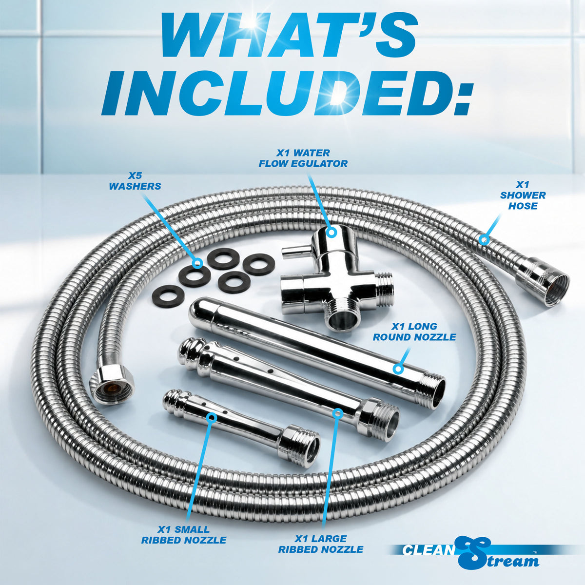 CleanStream Ultimate Shower Enema Set components including shower hose, nozzles, and flow regulator.