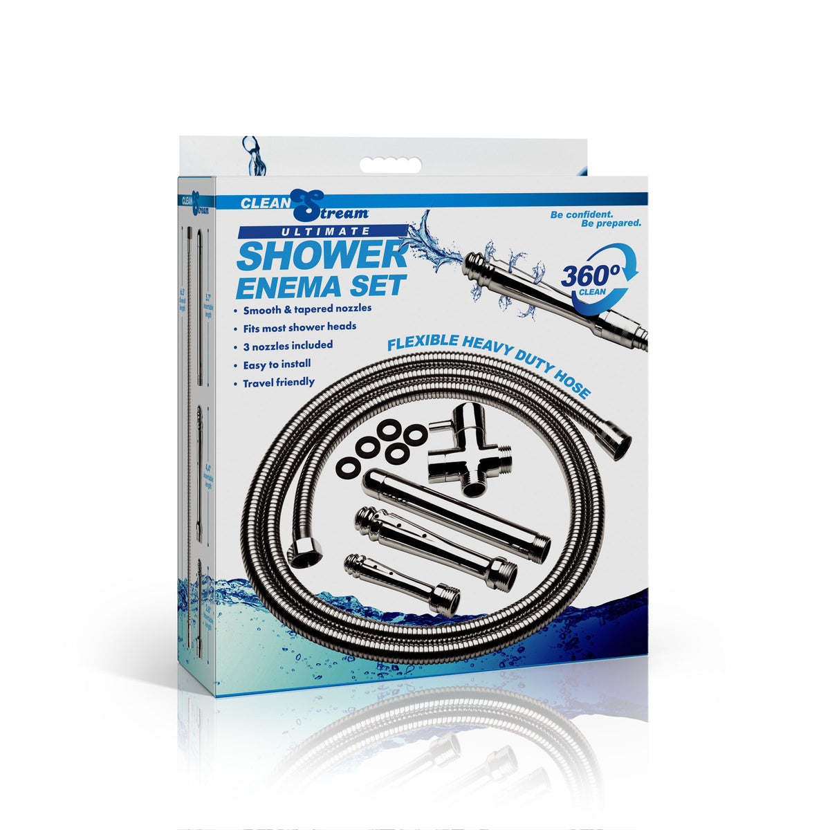 CleanStream Ultimate Shower Enema Set packaging featuring nozzles and hose with water design.