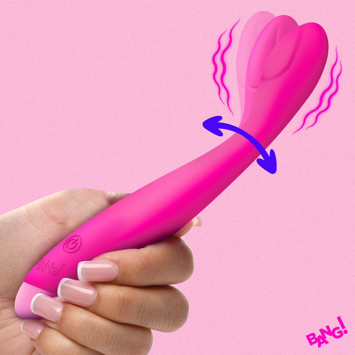 Bang Flexible Silicone G-Spot Vibrator Pink with bendable neck for targeted pleasure and comfort in hand.