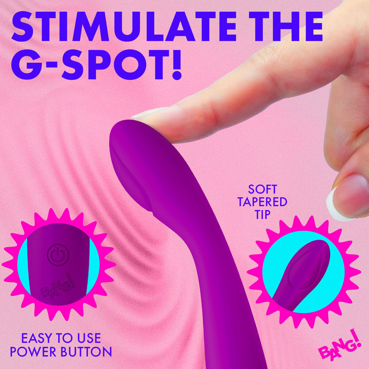 Flexible Silicone G-Spot Vibrator Purple with soft tapered tip and easy to use power button for ultimate sensation.