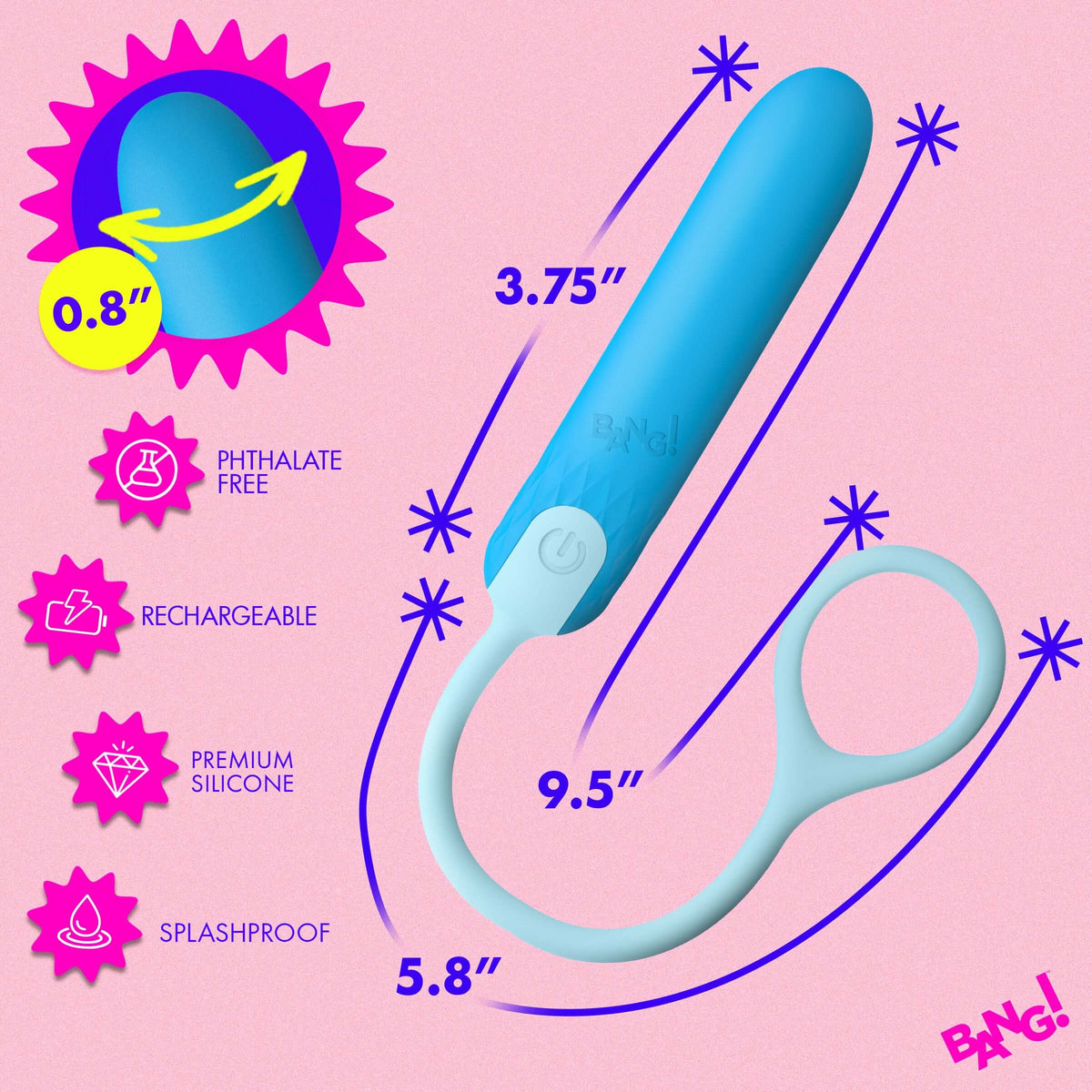 Bang Silicone Bullet with Cord Blue, featuring a 3.75 inch size, splashproof design, and premium silicone for powerful vibes.