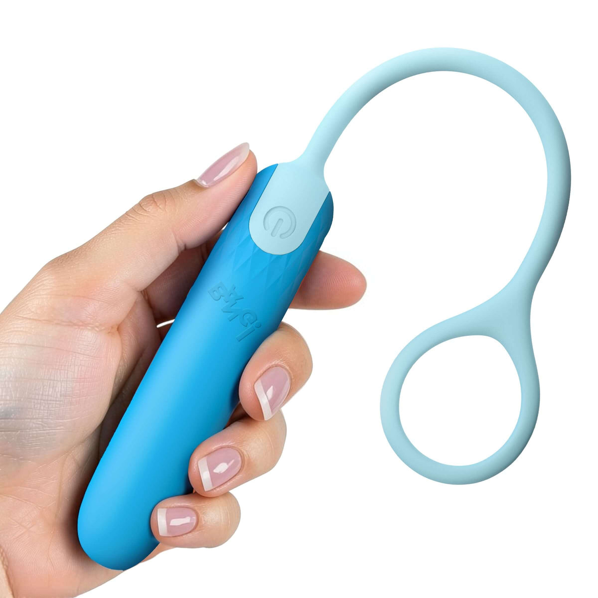 Bang Silicone Bullet with Cord Blue held in a hand, showcasing its ergonomic design and bright blue color.