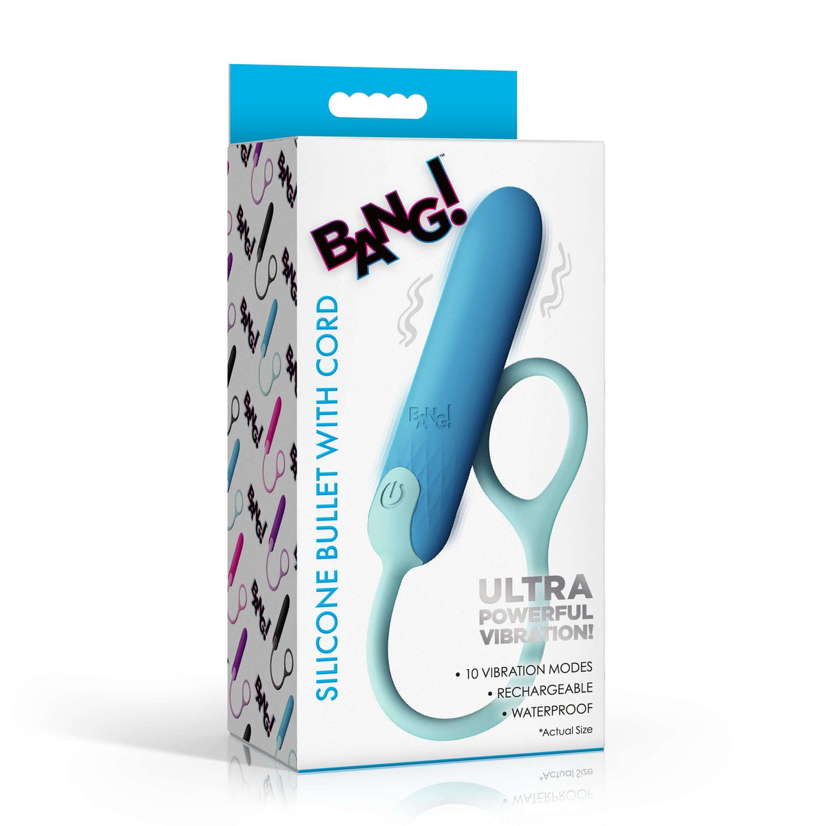 Bang Silicone Bullet with Cord Blue packaging featuring ultra powerful vibration, 10 modes, rechargeable and waterproof.