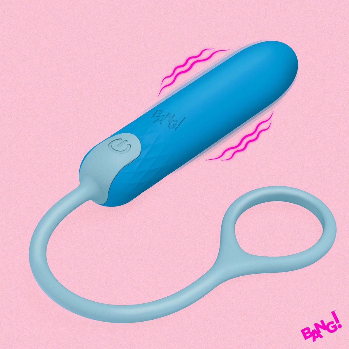 Bang Silicone Bullet with Cord Blue on a pink background, showcasing its sleek design and vibrant color.