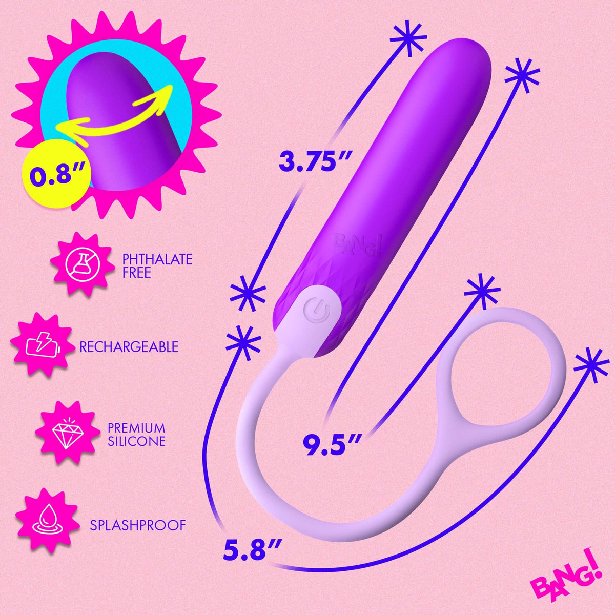 Bang Silicone Bullet with Cord Purple measuring 3.75 inches, 0.8 inches wide, premium silicone, splashproof design.