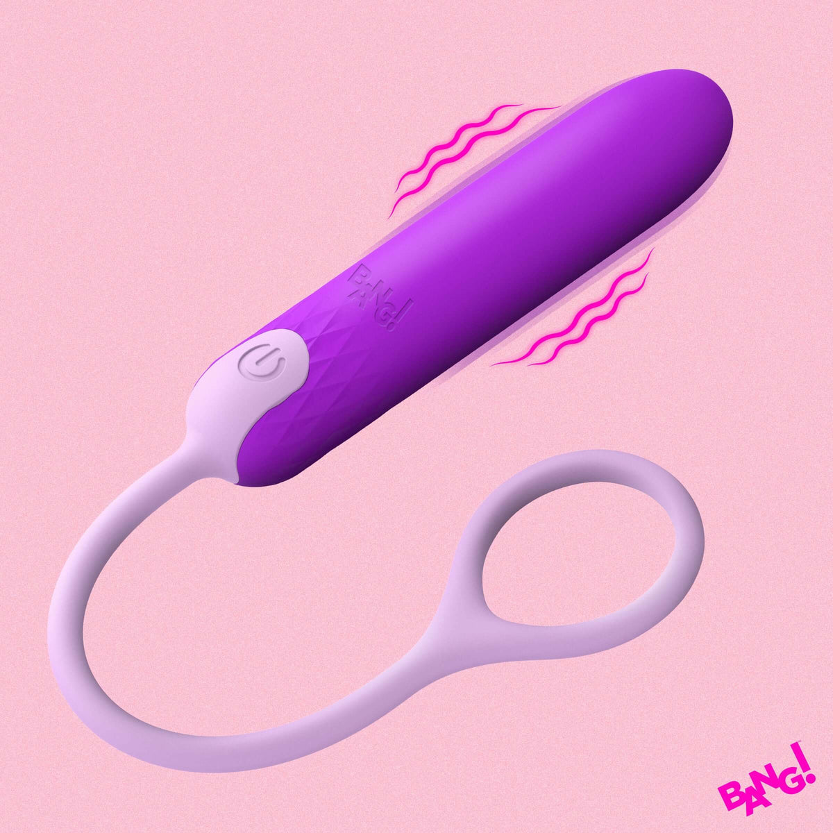 Bang Silicone Bullet with Cord Purple on a pink background, featuring a sleek design and powerful vibrations.