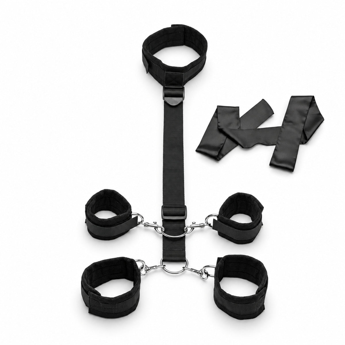 Submission Neck Wrist Ankle Restraints With Blindfold featuring interconnected cuffs and blindfold for sensory play.