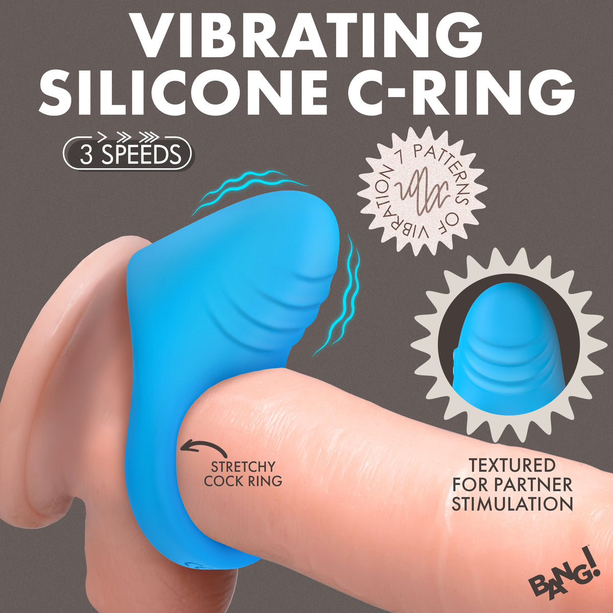 Bang Vibrating Silicone C-Ring Black with textured pad for dual stimulation and 3 speeds.