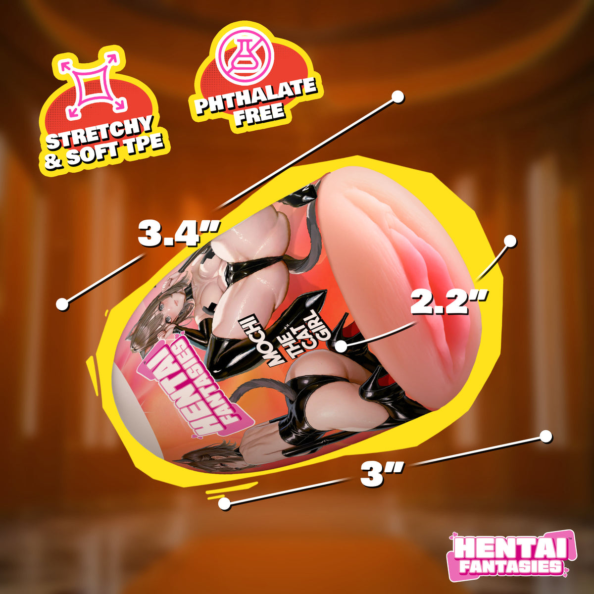 Mochi the Cat Girl Pussy Egg Masturbator with measurements and features like stretchy TPE and phthalate-free design